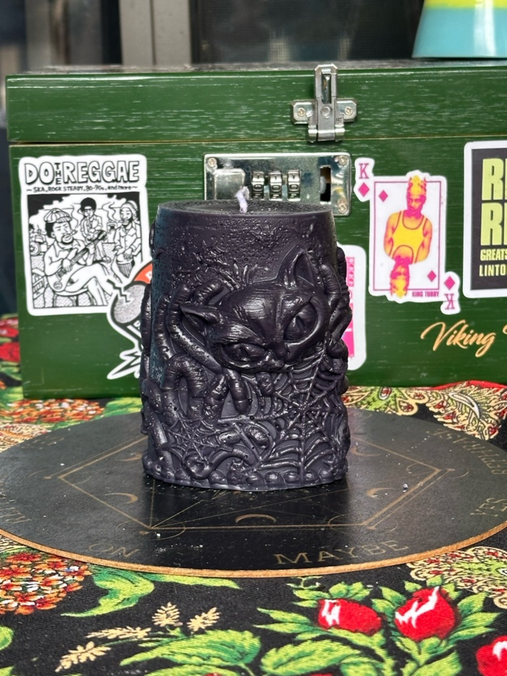 Black Spider Cat Pillar Candle – Gothic Cat Candle – Creepy Cute Halloween Decor